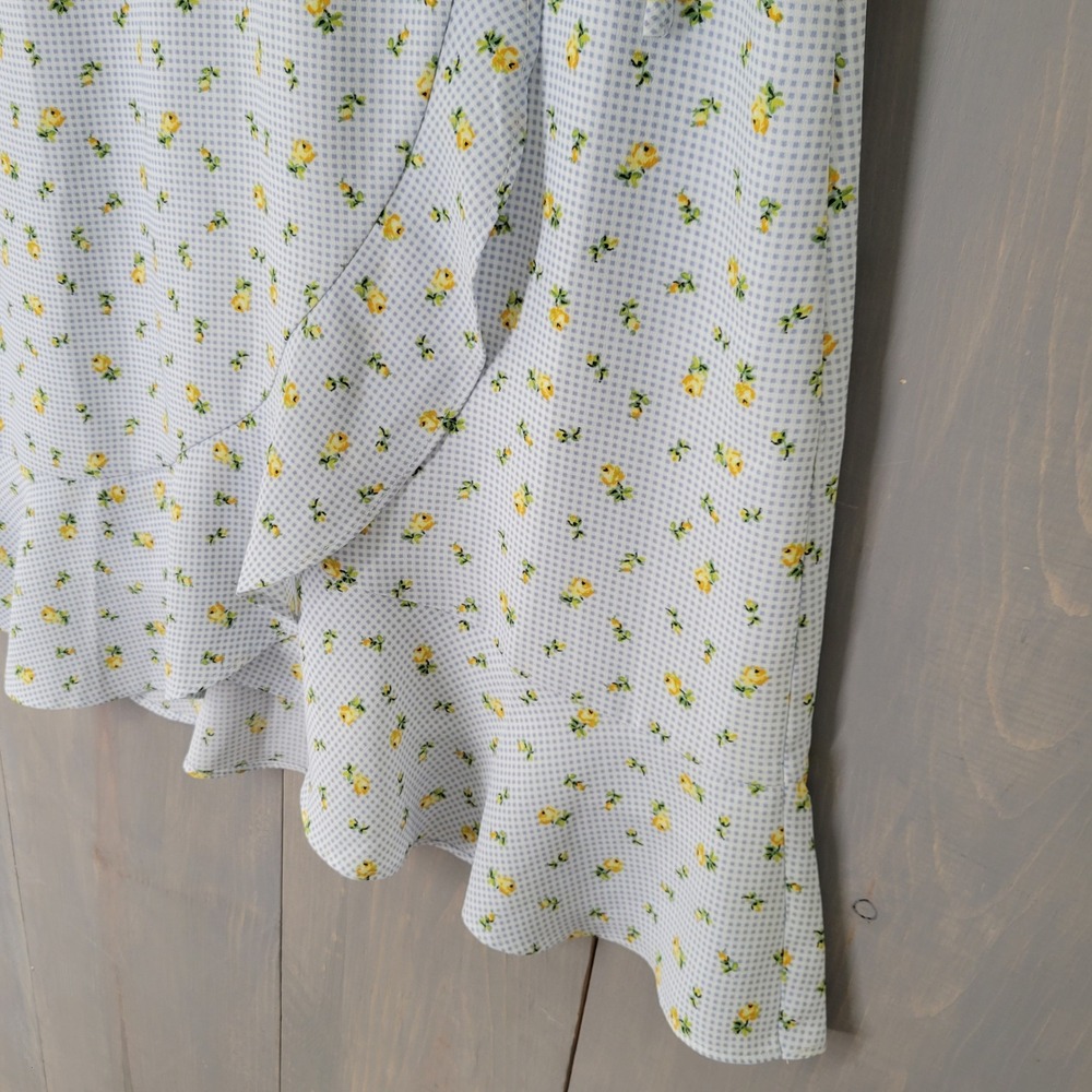 LOFT Wrap Dress Womens 0 Blue Gingham Yellow Floral Flutter Sleeve Ruffle NEW - Picture 5 of 10